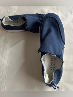 Vionic Navy Canvas Slip-On Loafers with Frayed Trim